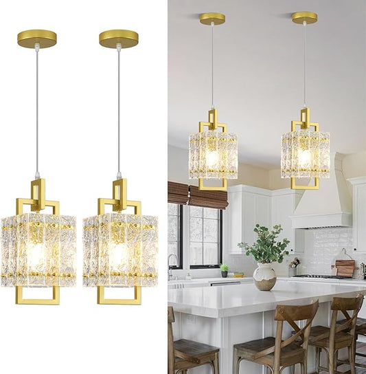 Gold Pendant Light Fixture - Modern Kitchen Island Water Ripple Glass Square Light - Adjustable Hanging Lighting for Kitchen Dining Room Over Island - 2 Pack