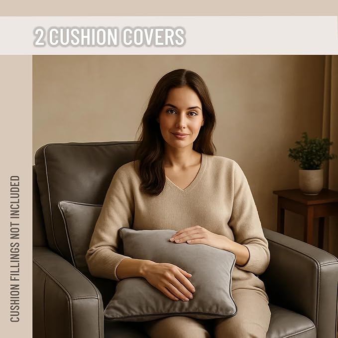 2 Pack Velvet Decorative Throw Pillow Covers, 18"x18", Dove Grey, Solid, Modern, Contrast Piping, Indoor Use, Bedroom & Living Room