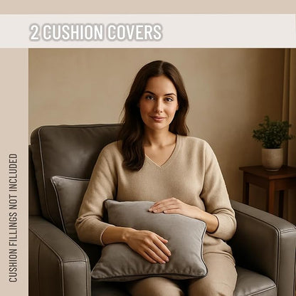 2 Pack Velvet Decorative Throw Pillow Covers, 20"x20", Dove Grey, Solid, Modern, Contrast Piping, Indoor Use, Bedroom & Living Room