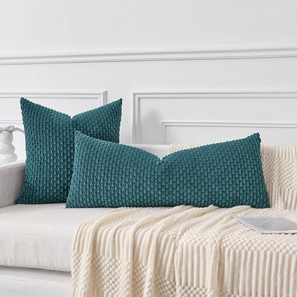 Kevin Textile 20x54 Inch Long Body Lumbar 1 Pack Boho Decorative Throw Pillow Cover Soft Striped Corduroy Rectangle Cushion Case Farmhouse Accent for Living Room Couch Sofa Bed, Teal Blue