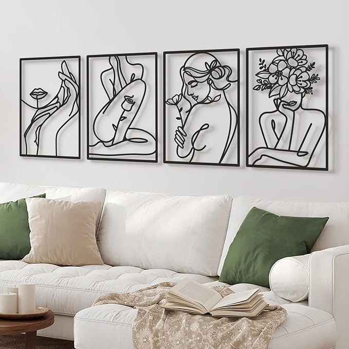 Bakovity Black Metal Wall Art, Abstract Flower Line Sculpture, Black Minimalist Modern Wall Decor for Living Room, Bedroom, Bathroom (4 Pieces, 17x12 Inches)