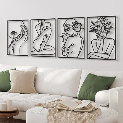 Bakovity Black Metal Wall Art, Abstract Flower Line Sculpture, Black Minimalist Modern Wall Decor for Living Room, Bedroom, Bathroom (4 Pieces, 17x12 Inches)