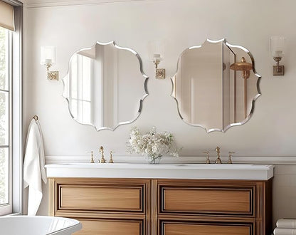 Frameless Scalloped Wall Mirror: Decorative Scallop Round Mirrored Glass Vanity with Beveled Silver Edge for Bathroom Bedroom Livingroom Dining Room Entryway Hallway, 24 x 24 inch
