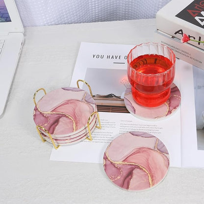 Absorbent Pink Marble Ceramic Coasters for Drinks with Gold Holder and Cork Base Set of 6 Round Decorative Tabletop Protection for Coffee Table Bar Kitchen Home and Dining Room