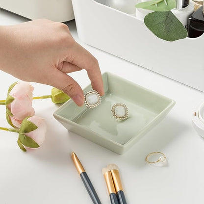 Ceramic Trinket Dish, Ring Tray, Decorative Jewelry Dish for Earrings Necklaces Watch Keys for Women (green square)