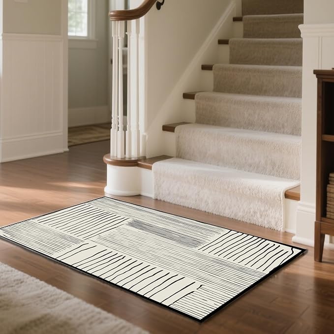 Area Rug 3.3x5 Feet Abstract Lines, Non-Slip Comfort Floor Mat Washable Rug Modern High Traffic Durable for Living Room, Bedroom, Home Office (Black White)
