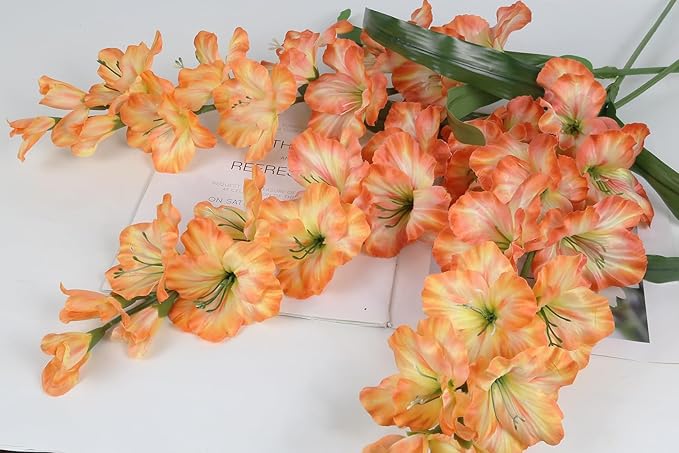 IPOPU Orange Fake Flowers - 5PCS Gladiolus Artificial Flowers, 33" Silk Gladiolus Faux Flowers with Long Stems for Tall Vase Wedding Centerpieces, Home Table Party Decor