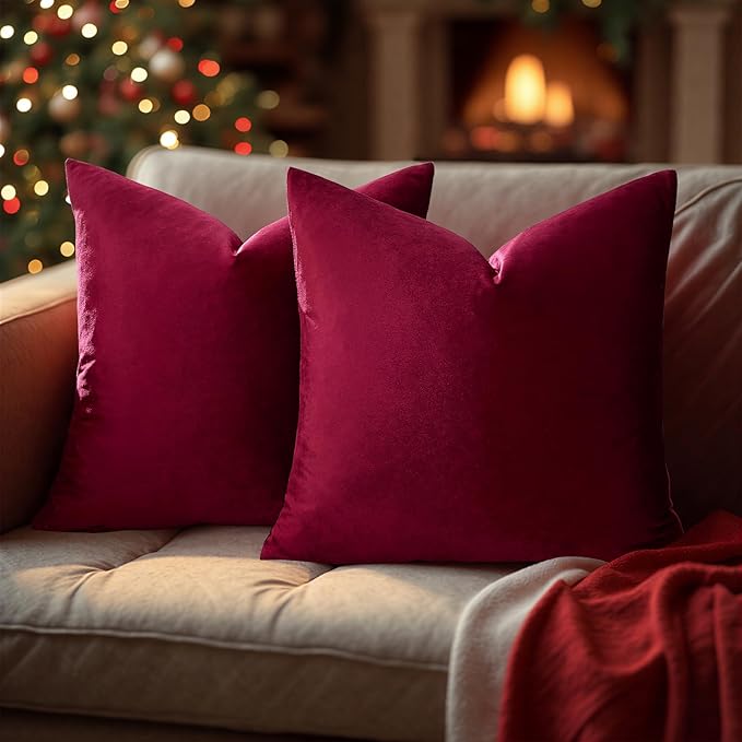GIGIZAZA Burgundy Velvet Pillow Covers: Pack of 2 Throw Pillows Soft Solid Covers 16x16 - Decorative Couch Small Cushion Covers Used for Chrismas Room Decor,Living Room,Bedroom,Sofa