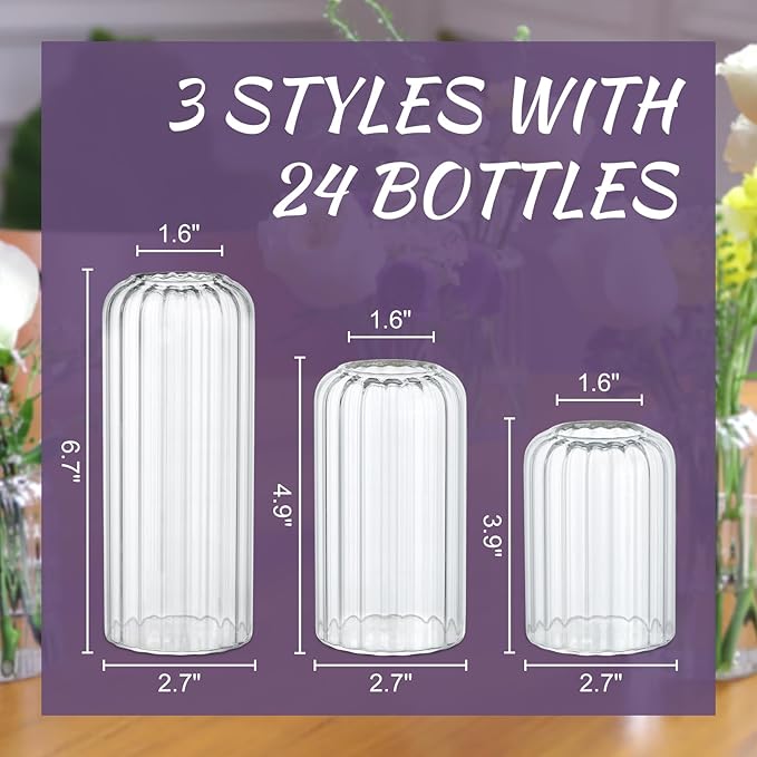 24Pcs Glass Cylinder Vases, Clear Ribbed Bud Vases for Centerpieces Weeding Decoration, Tall Clear Flower Vases in Bulk for Table Shelf, Party(Ribbed)