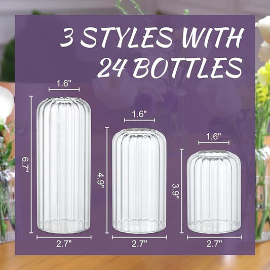 24Pcs Glass Cylinder Vases, Clear Ribbed Bud Vases for Centerpieces Weeding Decoration, Tall Clear Flower Vases in Bulk for Table Shelf, Party(Ribbed)