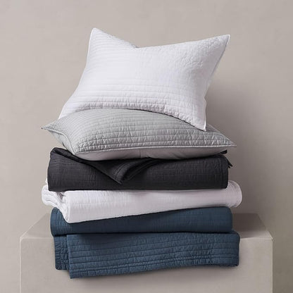 EVERGRACEHOME Cotton Sateen Quilt Set Queen Size, Pre-Washed Cotton Channel Stitch Coverlet Bedspread, 3 Pieces Lightweight Soft Bedding Sets for All Season, with 2 Pillow Shams, Fog Gray