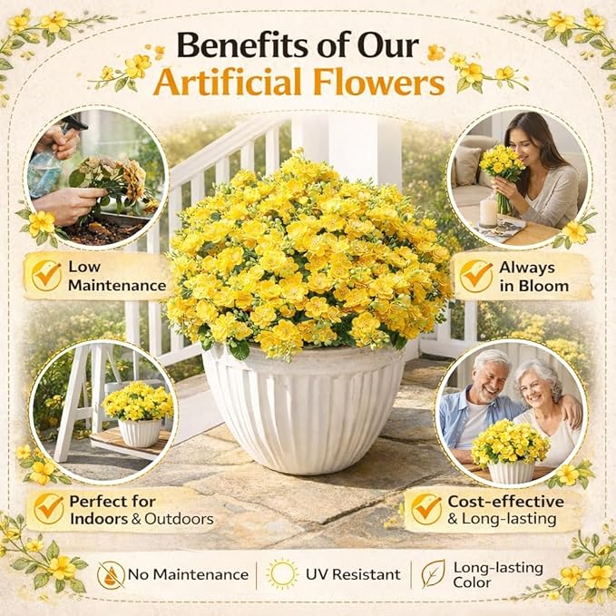 alyptus Artificial Flowers for Outdoors, 12 Bundles UV Resistant Spring Fake Flowers for Porch, Patio & Garden Decor – Realistic Outdoor Fake Plants with Lasting Color - Yellow