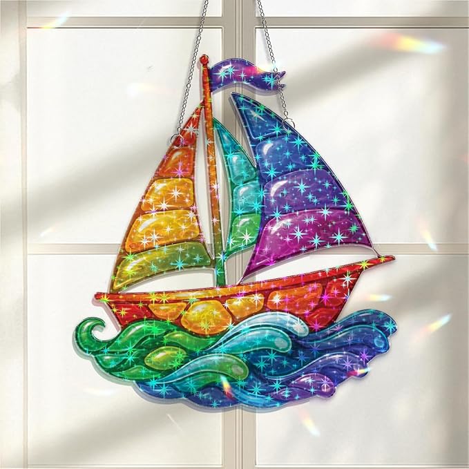 Sunlit Sailboat Waves Acrylic Suncatcher, Window Hanging Sun Catcher Ornament, Crystal Prism Light Catcher Decor, Sunlight Window Decor, Aesthetic Home Decor Gift
