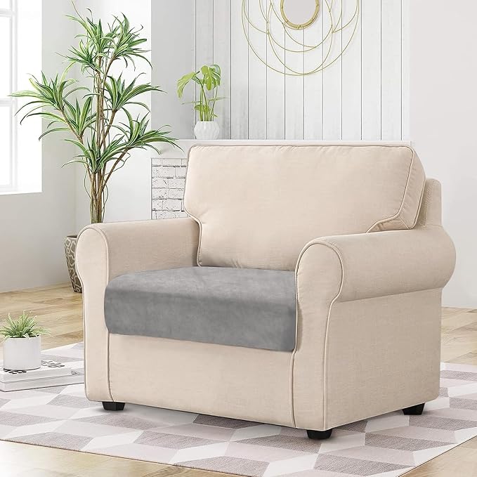 Couch Cushion Cover Velvet 1 Piece Seat Cushion Cover Stretch Armchair Cover Separate Sectional Sofa Slipcovers Furniture Protector (1-Seater or Sofa Backrest, Light Grey)