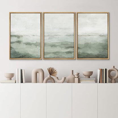 MUDECOR Framed Canvas Print Wall Art Sage Green Abstract Prints Minimalist Modern Wall Art Decor for Bedroom - 16"x24"x3 Natural
