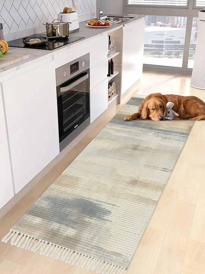 Beige Gray Brown Kitchen Hallway Runner Rug 2X5 Ft Carpet, Washable Woven Abstract Ombre Art Throw Carpet with Tassel, Non-Shedding Vintage Minimalist Gradient Aesthetic Entryway Laundry Rugs