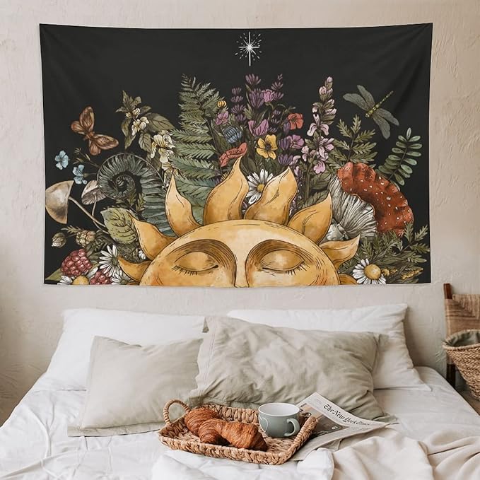 Vintage Sun Tapestry Wall Hanging,Hippie Boho Mushroom Floral Plant Tapestries for College Dorm Living Room Bedroom Decor(60"x90")