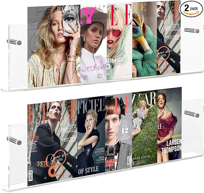 2-Pack Acrylic Magazine Holder - 24 Inch Clear Wall Mounted Floating Bookshelf for Brochures,Records & Books,Modern Storage Rack for Office,Living Room,Waiting Room(Clear,24 Inch)