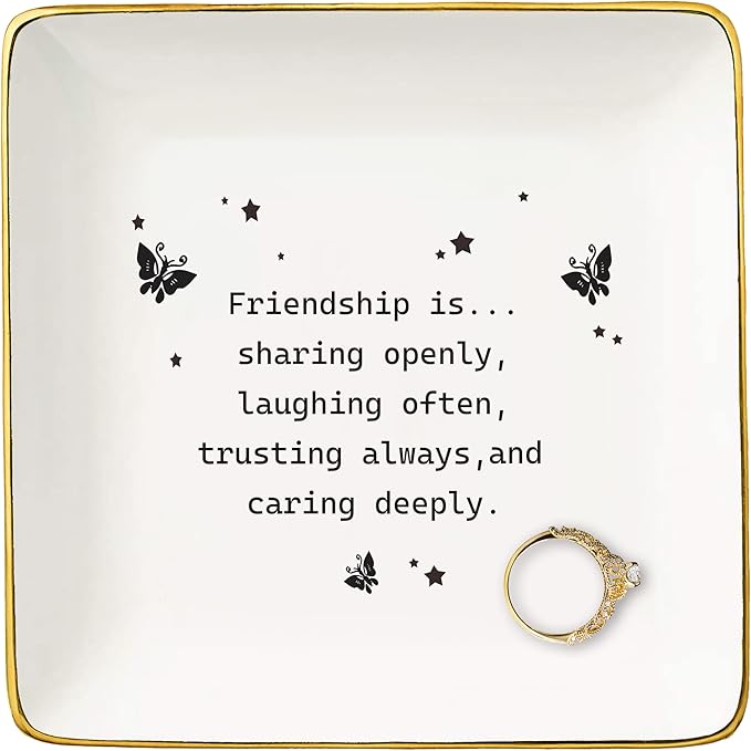 NZY Friendship is Sharing-Best Friend Bff Gifts for Besties, Thank You, Thanksgiving, Birthday, Christmas - Ceramic Jewelry Tray Trinket Holder Ring Dish