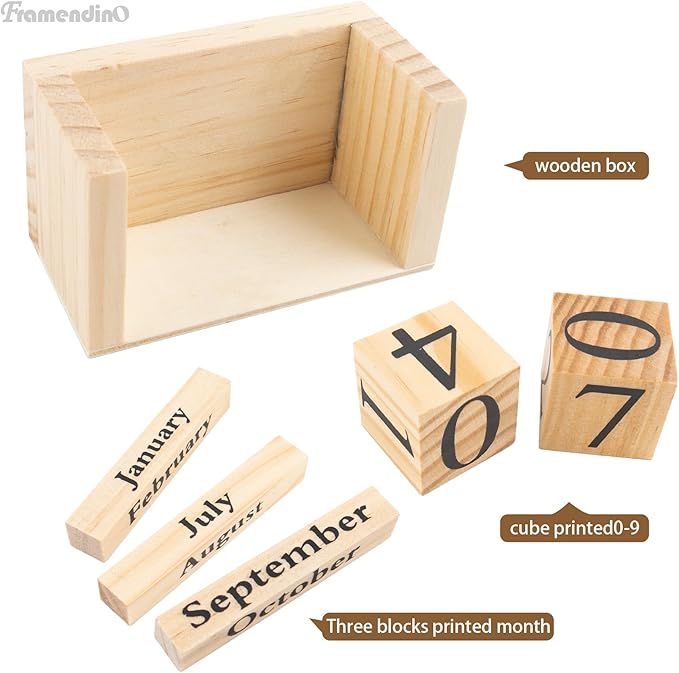 Framendino, Natural Vintage Wood Calendar Rustic Block Chic Perpetual Desktop Wooden Cubes for Home Office Desk Decoration