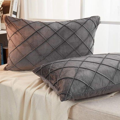 JAUXIO Diamond Pinch Pleated Crystal Velvet Pillowcases 2 Pack Solid Pintuck Throw Cushion Cover for Home Decor Hidden Zipper Closure (Dark Grey, Standard)
