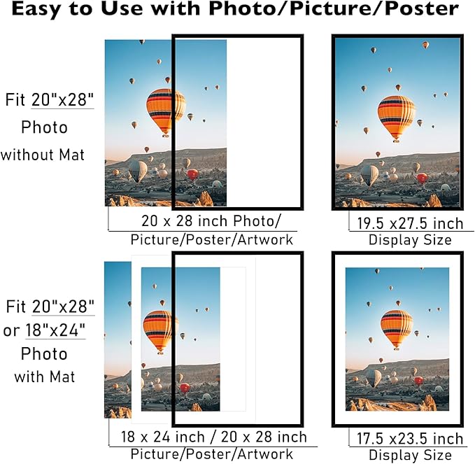 20x28 Picture Frame with 18x24 Mat Set of 2, Display Photo 18x24 with Mat or 20 x 28 Without Mat, Wall Hanging Large 20 by 28 Poster Frame with Plexiglass, 2 Pack, Black