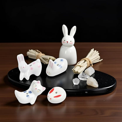 4Pcs Rabbit Cat Ceramic Incense Holder Cute White Animals Incense Sticker Holder Fun Home Decorative Ornaments for Home Room Decoration Yoga Spa Meditation Incense Holders