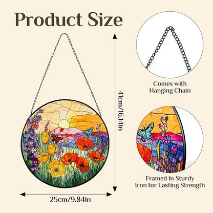 Stained Glass Window Hanging Sunrise Suncatcher, Renyalora 10 Inch Round Wildflower Glass Sun Catcher for Window Wall Art for Home, Patio, Porch, Outdoor Garden Décor Gift for Nature Lovers & Women