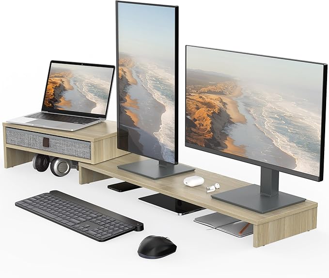 Fenge Computer Monitor Riser Stand with Drawer for 2 or 3 Monitors ,Adjustable Length and Angle Desktop Laptop Stand,Office Organizer,Printer,Oak