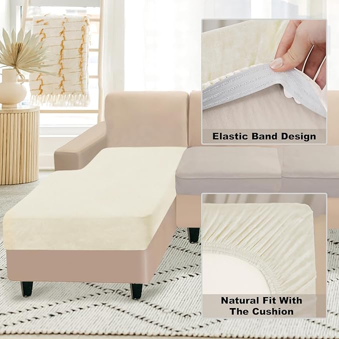 NAISI Sectional Couch Cover 1 Piece Velvet Separate Chaise Lounge Cover Soft Stretch Sofa Slipcovers for Left/Right Chaise Sectional Couch(Chaise Lounge,Cream)