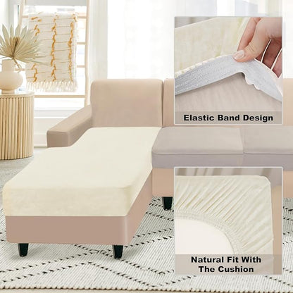 NAISI Sectional Couch Cover 1 Piece Velvet Separate Chaise Lounge Cover Soft Stretch Sofa Slipcovers for Left/Right Chaise Sectional Couch(Chaise Lounge,Cream)