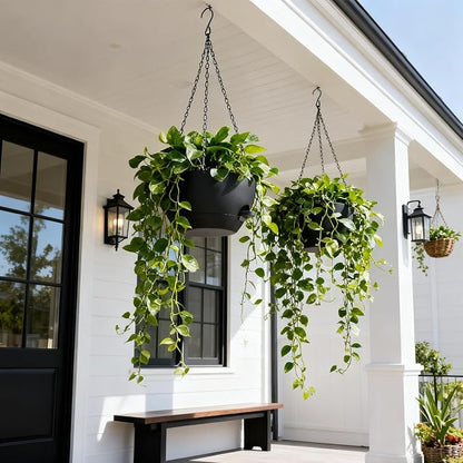 13 Inch 2 Pack Large Self Watering Hanging Planters for Indoor Outdoor Plants, Hanging Plant Pots with Removable 50 Oz Reservoir, Plastic Hanging Basket for Window Porch Garden Balcony, Black