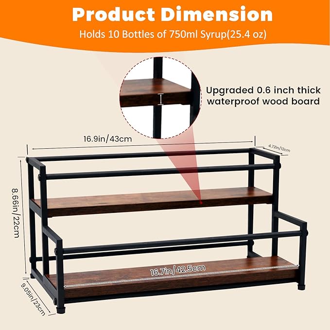 Coffee Syrup Rack Organizer - 2-Tier 10 Syrup Bottles Holder for Coffee Bar, Liquor Bottle Display Shelf - Rustic Kitchen Cabinet for Spices, Jars - Stepped Pantry Shelf for Wine, Tea & Bottles