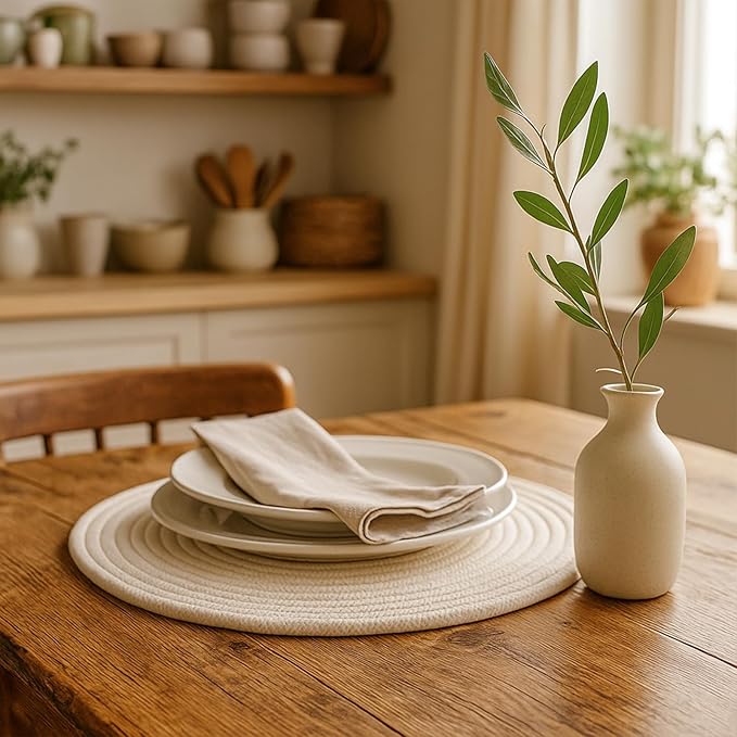 Round Woven Placemats Set of 8 Heat Resistant Placemats 13.5 Inches Farmhouse Cotton Rope Place Mats for Dining Tables Trivets for Hot Dishes, White