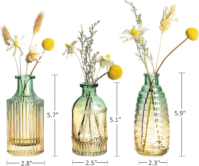 Joeyan Small Embossed Glass Bud Vase Set of 3,Green and Amber Colored Rustic Decorative Vase for Single Flower and Dry Flowers