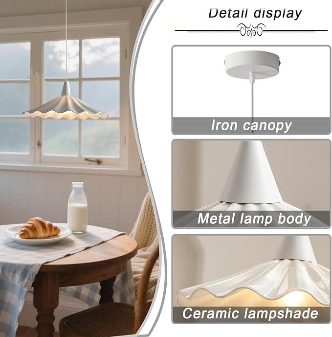 11.8" White Wavy Ceramic Pendant Light Shade,Vintage E26 Metal Loft Bar Ceiling Hanging Lamp Dining Room Bedroom Chandelier for Dining Room Kitchen Island Hallway Entryway
