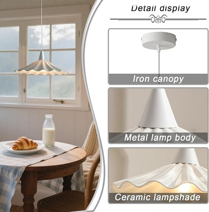 11.8" White Wavy Ceramic Pendant Light Shade,Vintage E26 Metal Loft Bar Ceiling Hanging Lamp Dining Room Bedroom Chandelier for Dining Room Kitchen Island Hallway Entryway