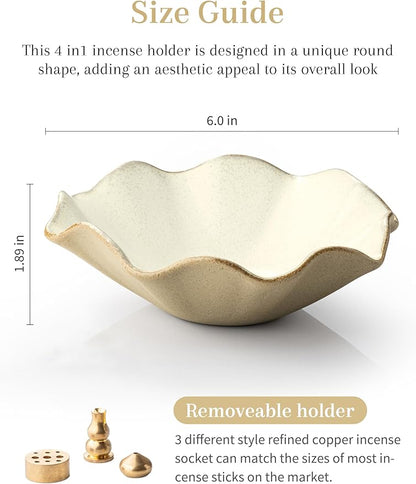 4 in 1 Incense Holder Incense Burner with 3 Incense Sockets, 6 Inch Incense Holder for Sticks, Lotus Cone Incense Bowl, Incense Stick Holder for Meditation Yoga Home, White
