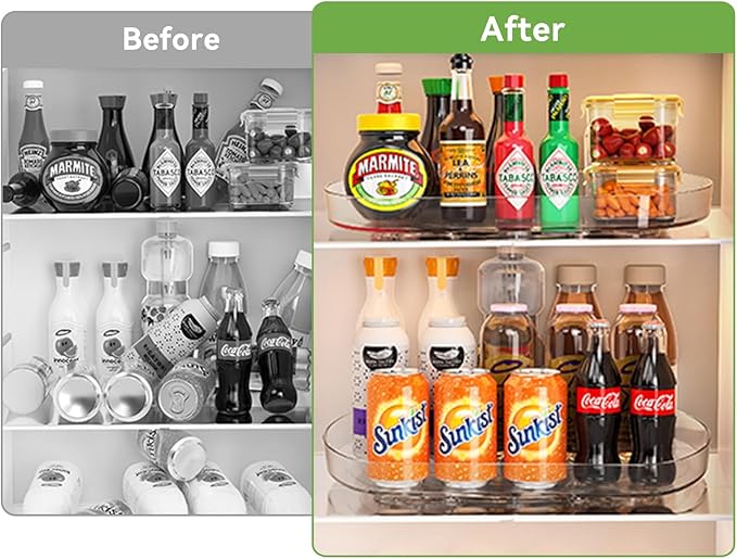 Voova Lazy Susan Turntable Organizer for Refrigerator, 360° Rotating Fridge Organizers and Storage,Rectangle Condiment Organizer Rack for Fridge,Cabinet, Kitchen, Pantry, Countertop, Clear (2 Pack)