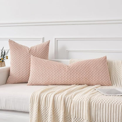 Kevin Textile 14x36 Inch Long Lumbar 1 Pack Boho Decorative Throw Pillow Cover Soft Striped Corduroy Rectangle Cushion Case Farmhouse Accent for Living Room Couch Sofa Bed, Light Pink