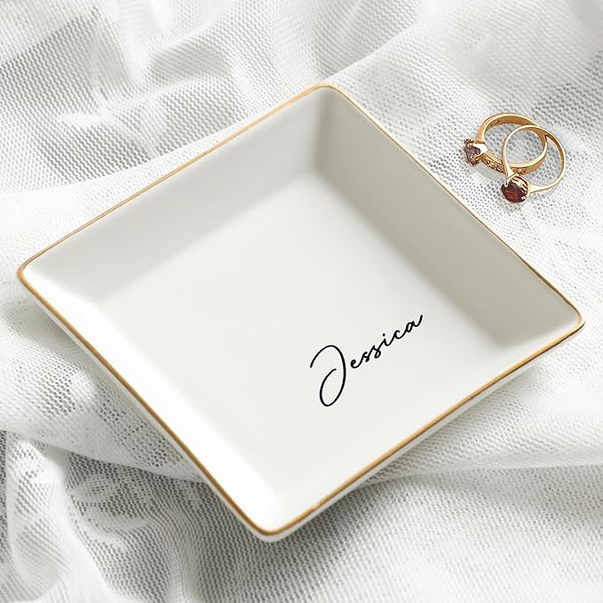 Gossby Personalized Jewelry Tray - Gift for Women Mom Friend with Name - White Ceramic Trinket Tray Dish Plate for Ring Earring Bracelet - Custom Gift Mothers Day Birthday Christmas