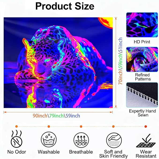 seewan Black Light Leopard Tapestry, UV-Reactive Purple Jaguar Water Reflection Wall Hanging, Psychedelic Wildlife Art Wall Decoration for Bedroom, Dorm, or Living Room