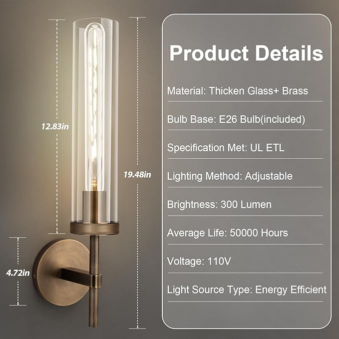 Bronze Wall Sconces, 19.48'' Brushed Brass Knurled Bathroom Sconces Wall Lighting Vanity Light with Clear Glass, Indoor Wall Mount Light for Living Room Mirror Bedroom Stairs