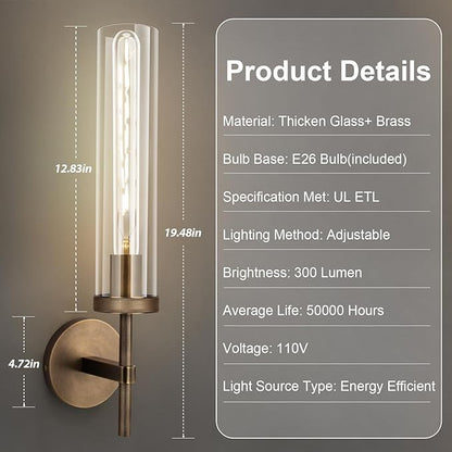 Bronze Wall Sconces, 19.48'' Brushed Brass Knurled Bathroom Sconces Wall Lighting Vanity Light with Clear Glass, Indoor Wall Mount Light for Living Room Mirror Bedroom Stairs