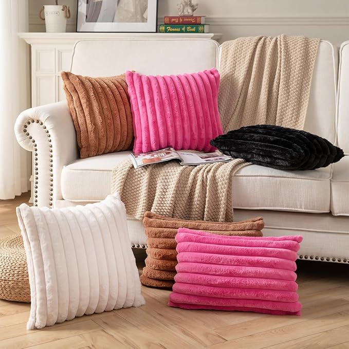 DEELAND Pack of 2,Double-Sided Faux Fur Plush Decorative Throw Pillow Covers Fuzzy Striped Soft Pillowcase Cushion Covers for Sofa Couch Bedroom Brown 20x20 inch