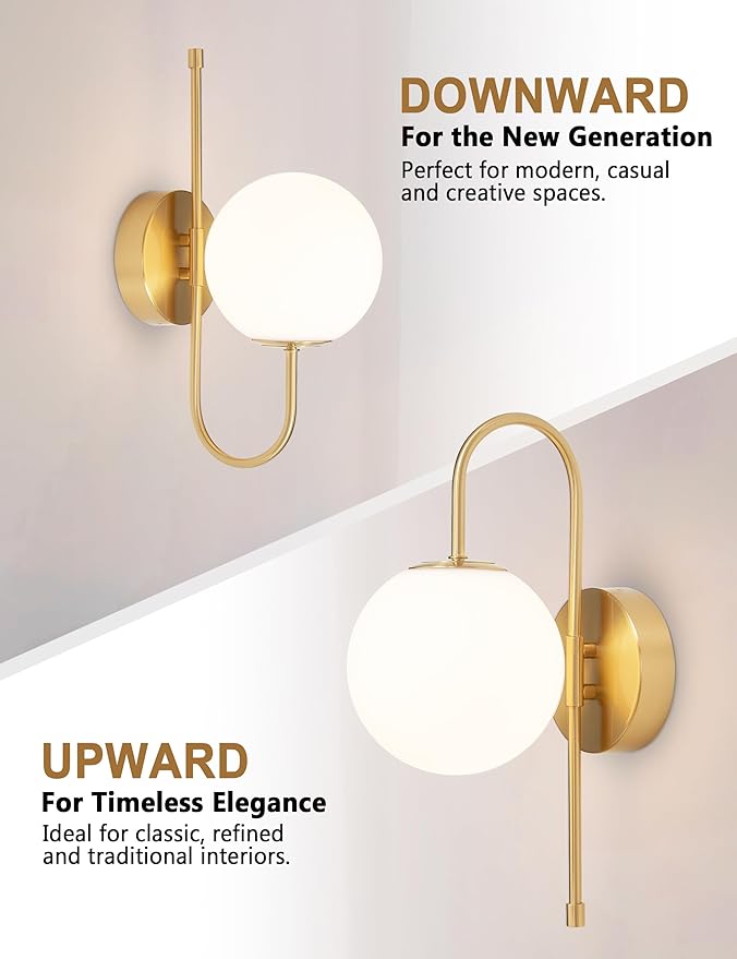 Battery Operated Globe Wall Sconces Set of 2, Wireless Gold Wall Lights with Remote Control, Rechargeable 3 Color Stepless Dimming Gooseneck Wall Decor Lamp for Bedroom Living Room Hallway