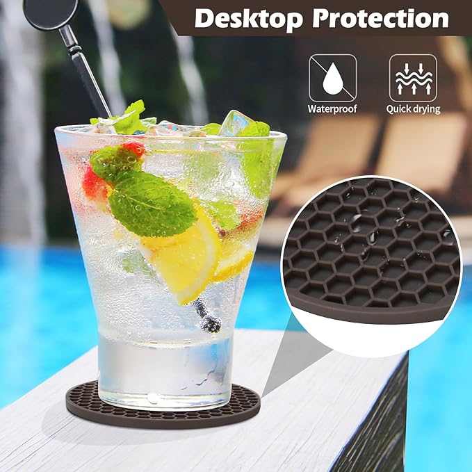 Silicone Coaster Set of 8 with Holder, Drinks Coasters, Coffee, Anti-Slip, Non-Stick, Anti-Overflow Tabletop Protection and Decor (8 Pcs, Coffee)