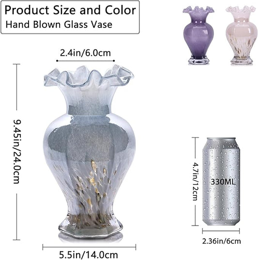 9.5" Tall Blue Glass Vase Beautiful Hand Blown Glass Decor Flowers Vases for Centerpieces, Modern Murano Glass Art Colorful Blue and White Vase, for Home Decor Table Entryway Wedding Decoration