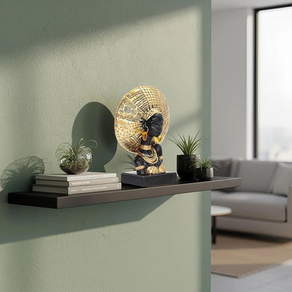 African Woman Statue with Gold Sunburst Headdress – Resin Figurine with Tribal Jewelry, Afrocentric Home Decor Accent, Cultural Sculpture Gift for Women
