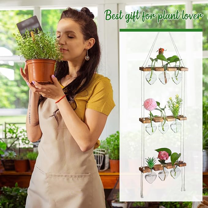 Leinuosen Wall Hanging Plant Propagation Stations 3 Tiered Planter Terrarium with Wooden Stand Home Decor Valentines Gifts for Her Hydroponics Plant Lovers - 9 Glass Vases(Heart Shaped,Clear)